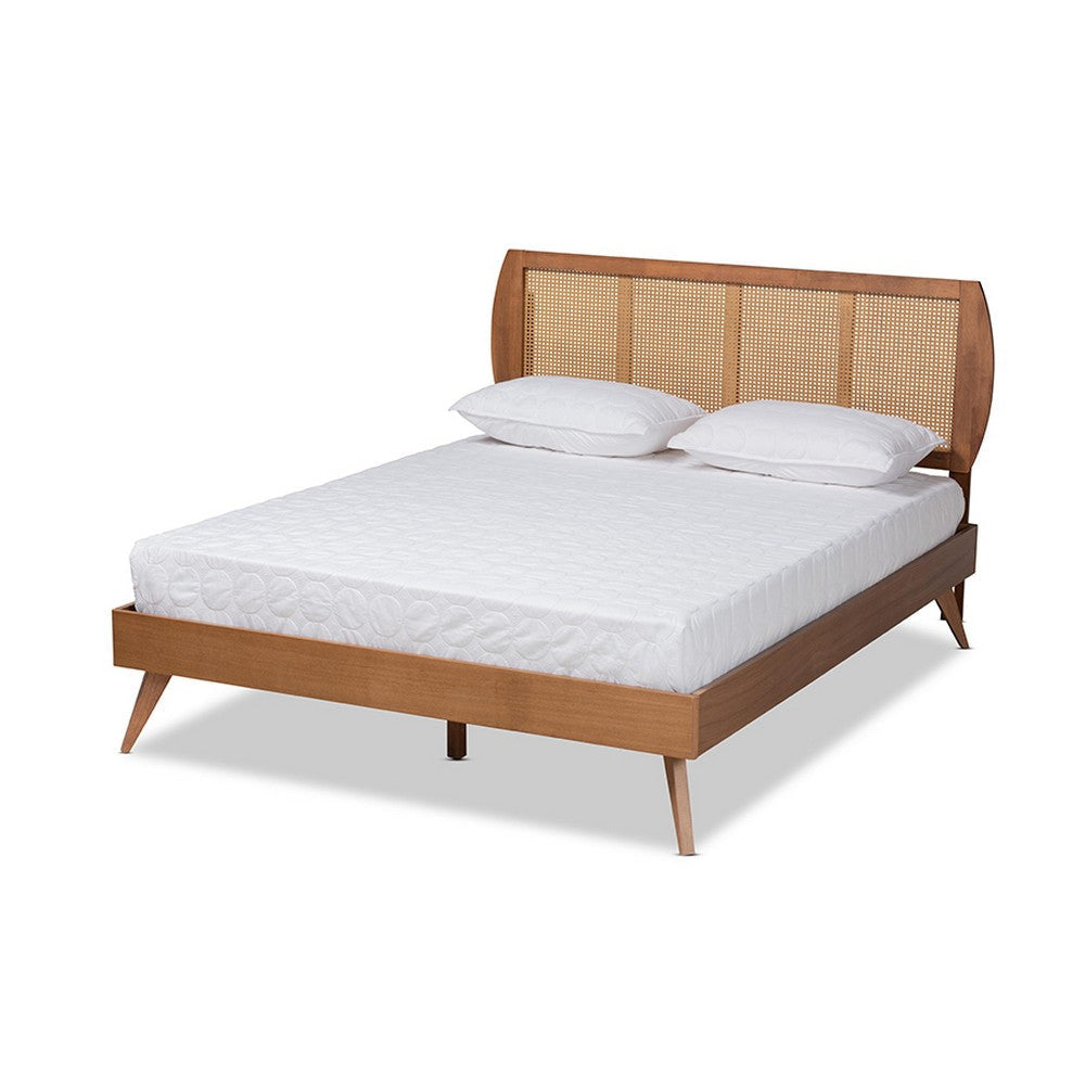Baxton Studio Asami Mid-Century Modern Walnut Brown Finished Wood and Synthetic Rattan Queen Size Platform Bed