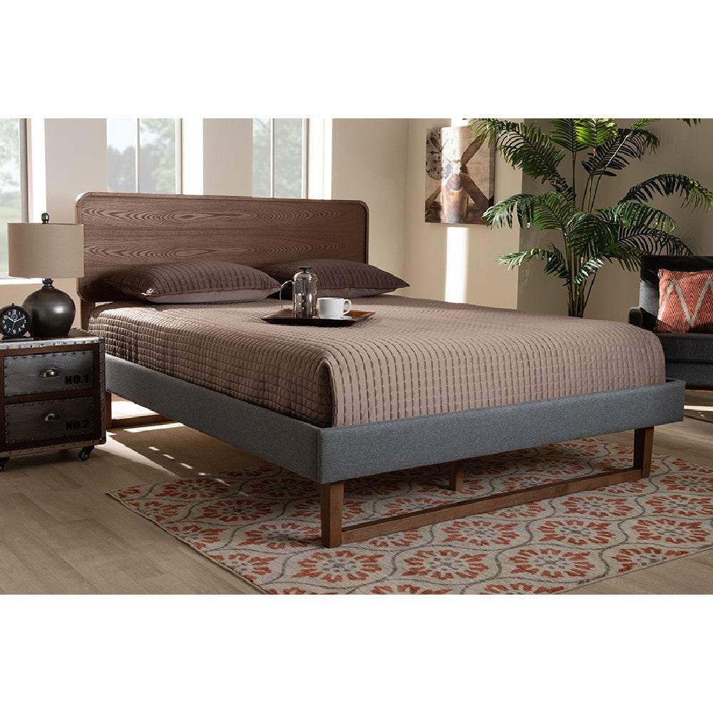 Baxton Studio Ayla Mid-Century Modern Dark Grey Fabric Upholstered Walnut Brown Finished Wood Full Size Platform Bed
