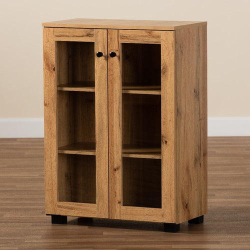 Baxton Studio Mason Modern and Contemporary Oak Brown Finished Wood 2-Door Storage Cabinet with Glass Doors