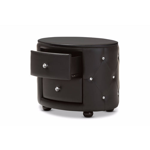 Baxton Studio Davina Hollywood Glamour Style Oval 2-drawer Black Faux Leather Upholstered Nightstand