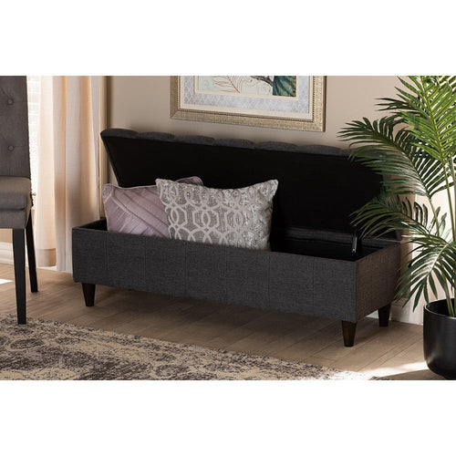 Baxton Studio Brette Mid-Century Modern Charcoal Fabric Upholstered Dark Brown Finished Wood Storage Bench Ottoman