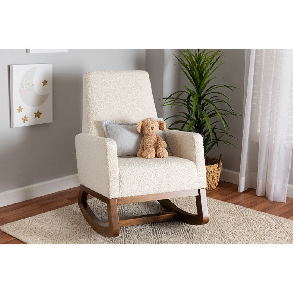 Baxton Studio Yashiya Mid-Century Modern Off-White Boucle Upholstered and Walnut Brown Finished Wood Rocking Chair