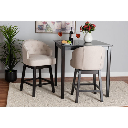 Baxton Studio Theron Mid-Century Transitional Light Beige Fabric and Espresso Brown Finished Wood 2-Piece Swivel Counter Stool Set