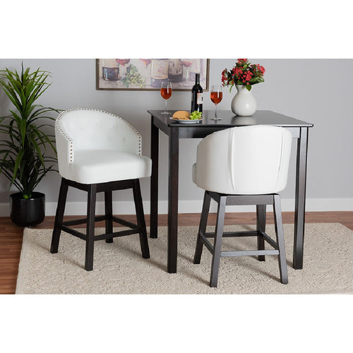 Baxton Studio Theron Mid-Century Transitional White Faux Leather and Espresso Brown Finished Wood 2-Piece Swivel Counter Stool Set