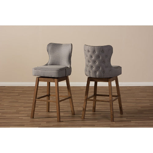 Baxton Studio Gradisca Modern and Contemporary Brown Wood Finishing and Grey Fabric Button-Tufted Upholstered 2-Piece Swivel Barstool Set