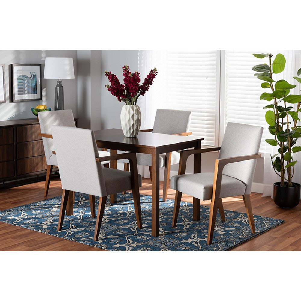 Baxton Studio Glenda Mid-Century Modern Greyish Beige Fabric Upholstered and Walnut Brown Finished Wood 5-Piece Dining Set