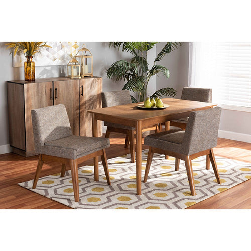 Baxton Studio Nexus Mid-Century Modern Gravel Fabric Upholstered and Walnut Brown Finished Wood 5-Piece Dining Set