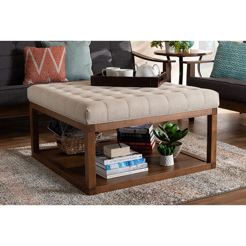 Baxton Studio Alvere Modern and Contemporary Beige Fabric Upholstered Walnut Finished Cocktail Ottoman