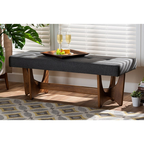 Baxton Studio Theo Mid-Century Modern Dark Grey Fabric Upholstered Walnut Finished Bench