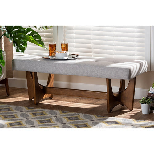 Baxton Studio Theo Mid-Century Modern Greyish Beige Fabric Upholstered Walnut Finished Bench