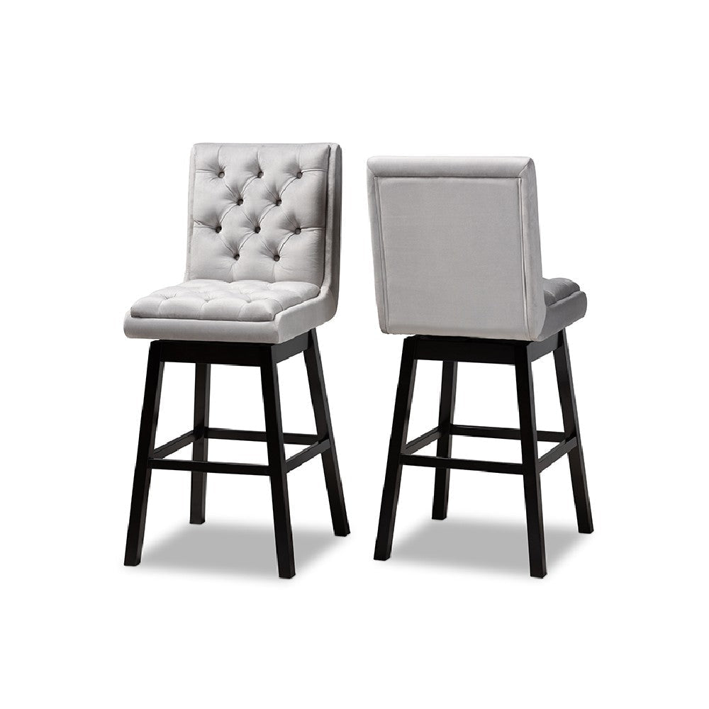 Baxton Studio Gregory Modern Transitional Light Grey Velvet Fabric Upholstered and Dark Brown Finished Wood 2-Piece Swivel Bar Stool Set
