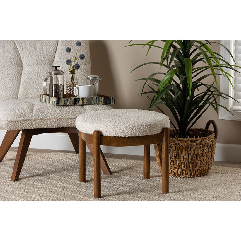 Baxton Studio Iliana Japandi Cream Boucle Fabric and Walnut Brown Finished Rubberwood Ottoman Footstool WHI-BBT5454-Maya-Cream-Walnut-Stool
