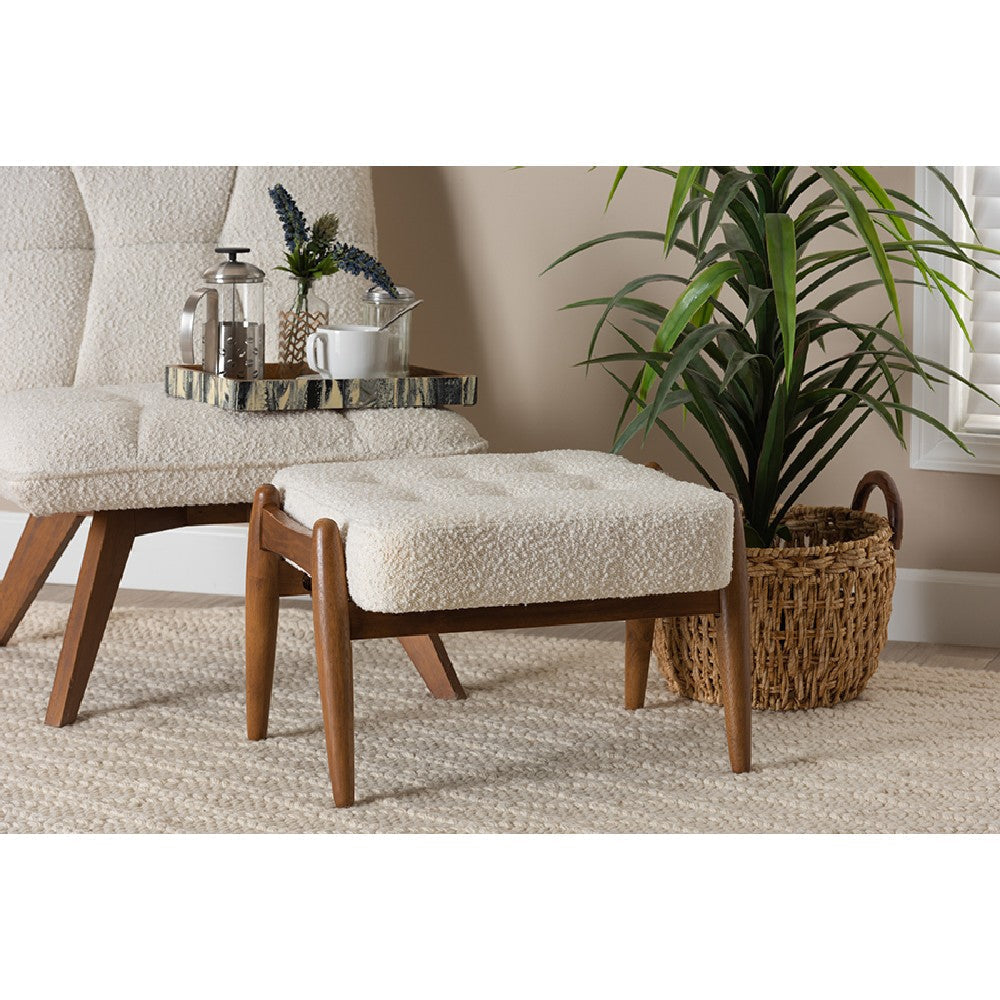 Baxton Studio Jeanine Japandi Cream Boucle Fabric and Walnut Brown Finished Rubberwood Ottoman Footstool WHI-BBT5455-Maya-Cream-Walnut-Stool