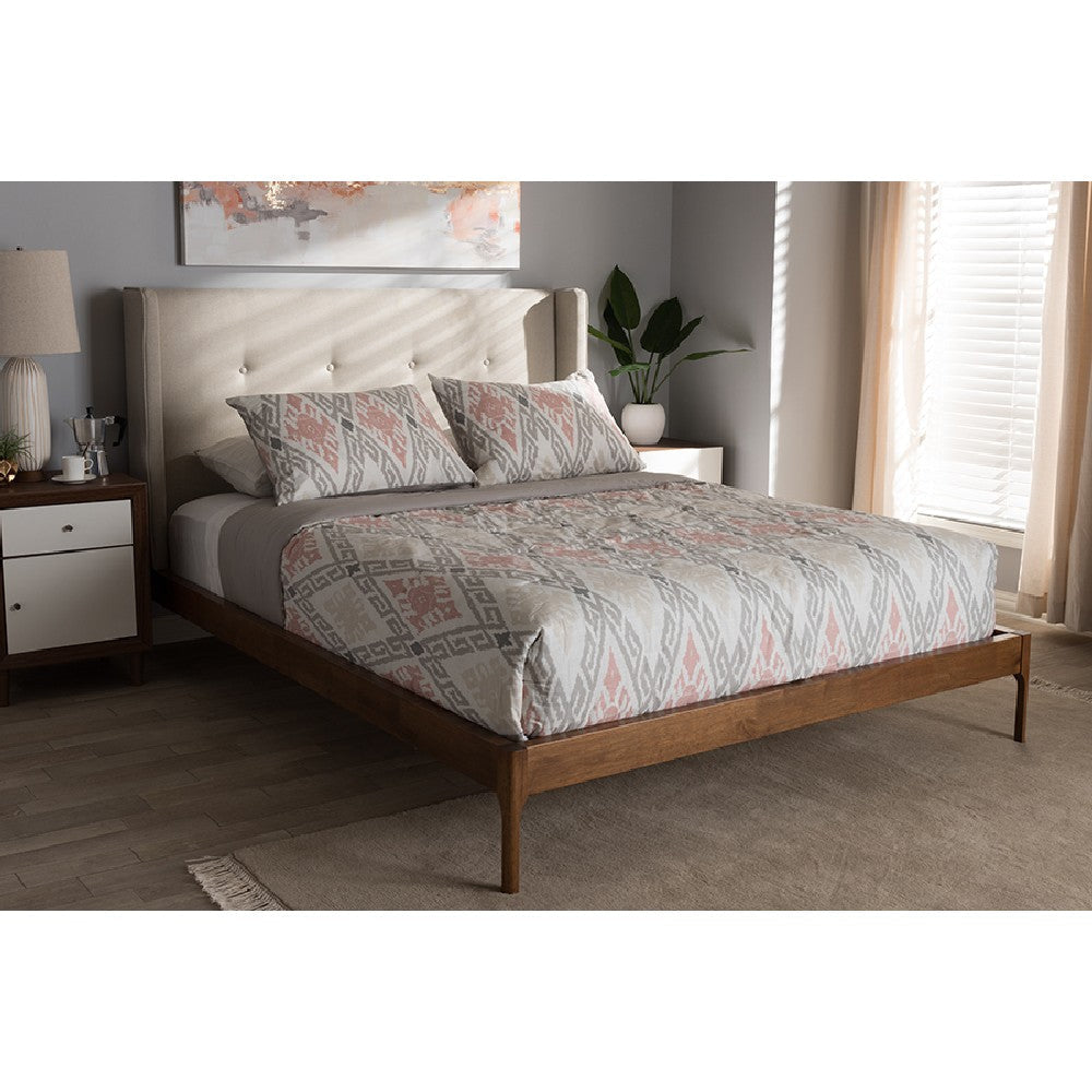 Baxton Studio Brooklyn Mid-Century Modern Walnut Wood Beige Fabric Full Size Platform Bed WHI-BBT6653-Light-Beige-Full-6086-1