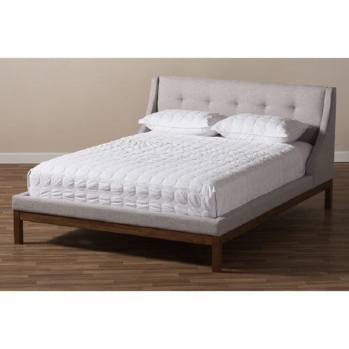 Baxton Studio Louvain Modern and Contemporary Greyish Beige Fabric Upholstered Walnut-Finished Full Sized Platform Bed
