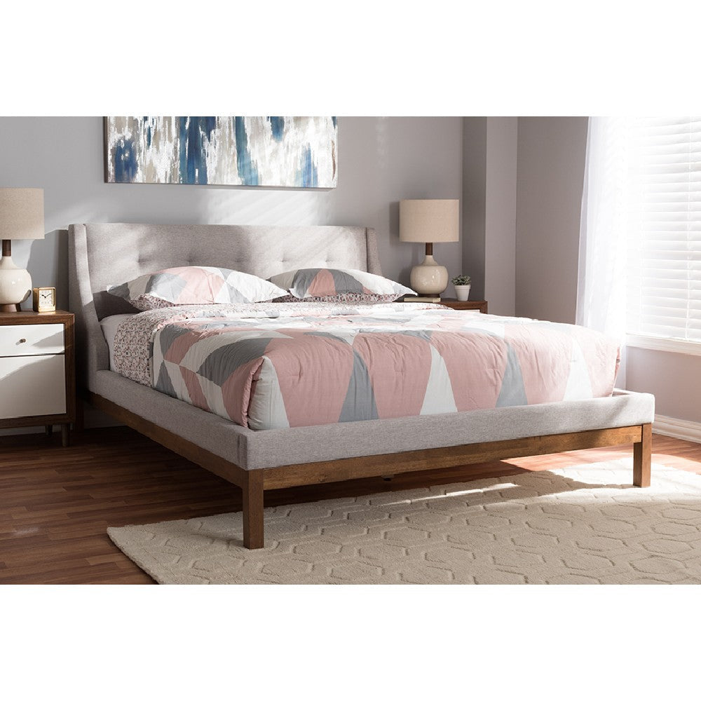 Baxton Studio Louvain Modern and Contemporary Greyish Beige Fabric Upholstered Walnut-Finished Full Sized Platform Bed