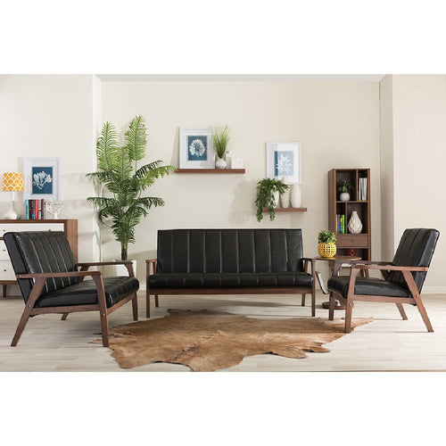 Baxton Studio Nikko Mid-century Modern Scandinavian Style Black Faux Leather 3 Pieces Living Room Sets