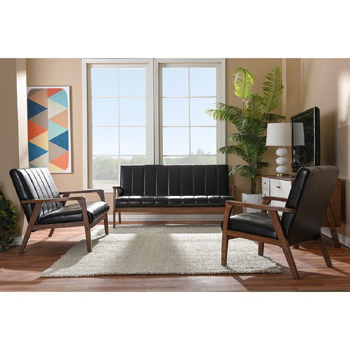 Baxton Studio Nikko Mid-century Modern Scandinavian Style Dark Brown Faux Leather 3 Pieces Living Room Sets