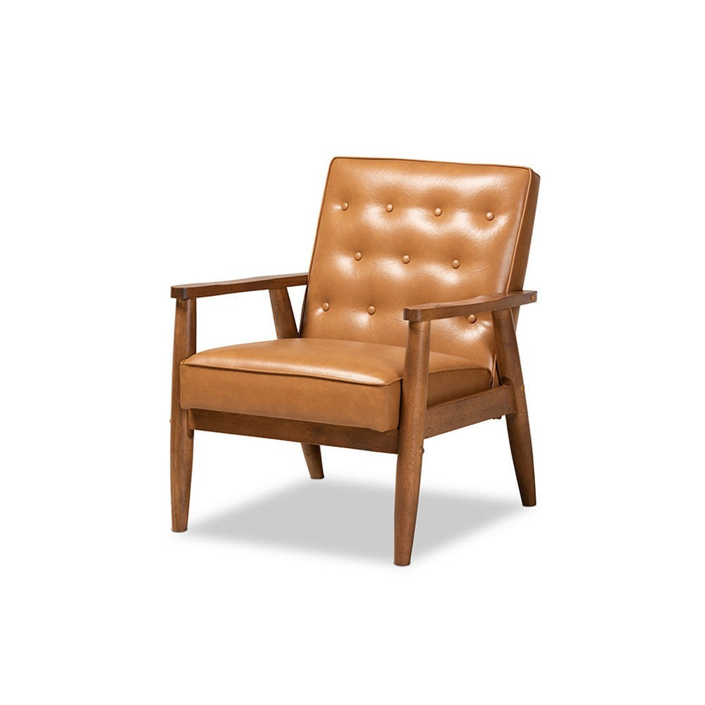 Baxton Studio Sorrento Mid-Century Modern Tan Faux Leather Upholstered and Walnut Brown Finished Wood Lounge Chair WHI-BBT8013-Tan-Chair