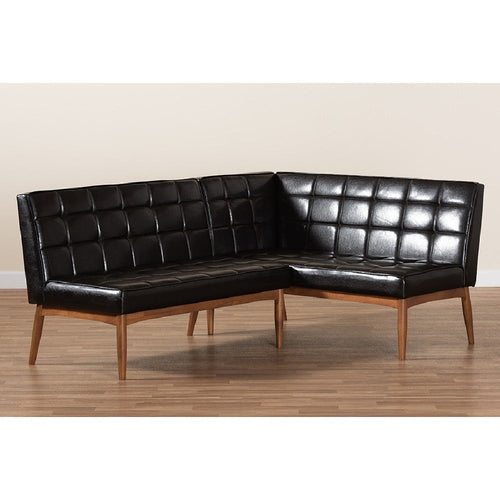 Baxton Studio Sanford Mid-Century Modern Dark Brown Faux Leather Upholstered and Walnut Brown Finished Wood 2-Piece Dining Nook Banquette Set