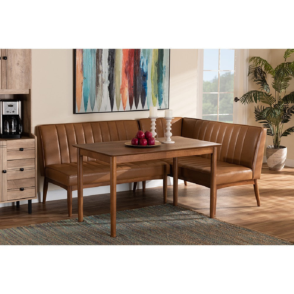 Baxton Studio Daymond Mid-Century Modern Tan Faux Leather Upholstered and Walnut Brown Finished Wood 3-Piece Dining Nook Set