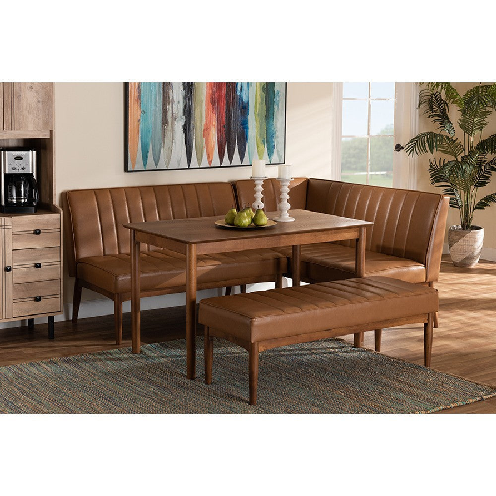 Baxton Studio Daymond Mid-Century Modern Tan Faux Leather Upholstered and Walnut Brown Finished Wood 4-Piece Dining Nook Set
