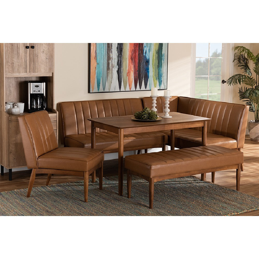 Baxton Studio Daymond Mid-Century Modern Tan Faux Leather Upholstered and Walnut Brown Finished Wood 5-Piece Dining Nook Set