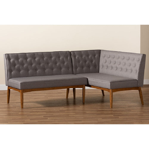 Baxton Studio Riordan Mid-Century Modern Grey Fabric Upholstered and Walnut Brown Finished Wood 2-Piece Dining Nook Banquette Set