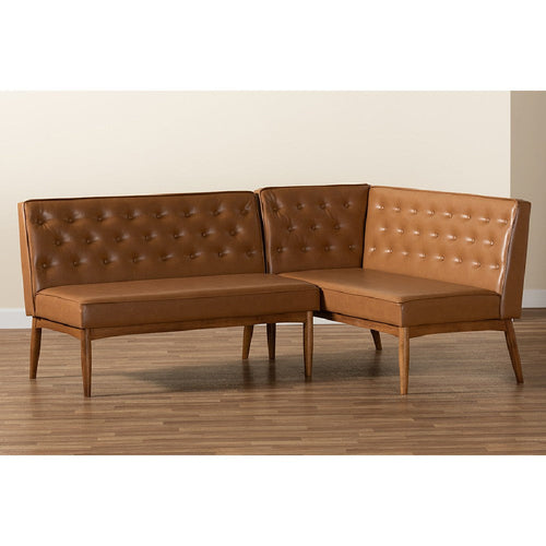 Baxton Studio Riordan Mid-Century Modern Tan Faux Leather Upholstered and Walnut Brown Finished Wood 2-Piece Dining Nook Banquette Set