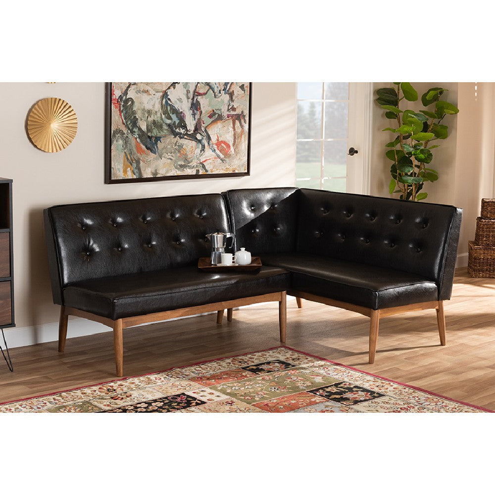 Baxton Studio Arvid Mid-Century Modern Dark Brown Faux Leather Upholstered 2-Piece Wood Dining Nook Banquette Set