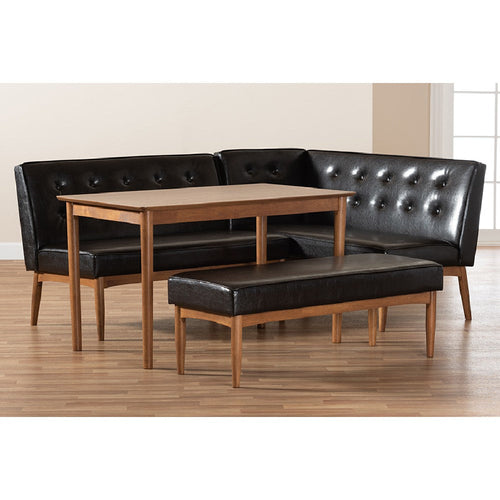Baxton Studio Arvid Mid-Century Modern Dark Brown Faux Leather Upholstered 4-Piece Wood Dining Nook Set