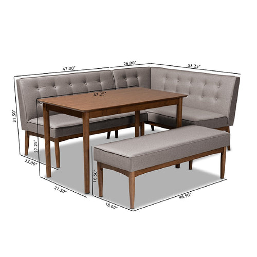 Baxton Studio Arvid Mid-Century Modern Gray Fabric Upholstered 4-Piece Wood Dining Nook Set