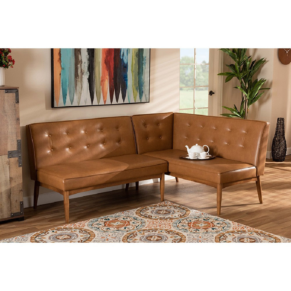 Baxton Studio Arvid Mid-Century Modern Tan Faux Leather Upholstered and Walnut Brown Finished 2-Piece Wood Dining Nook Banquette Set