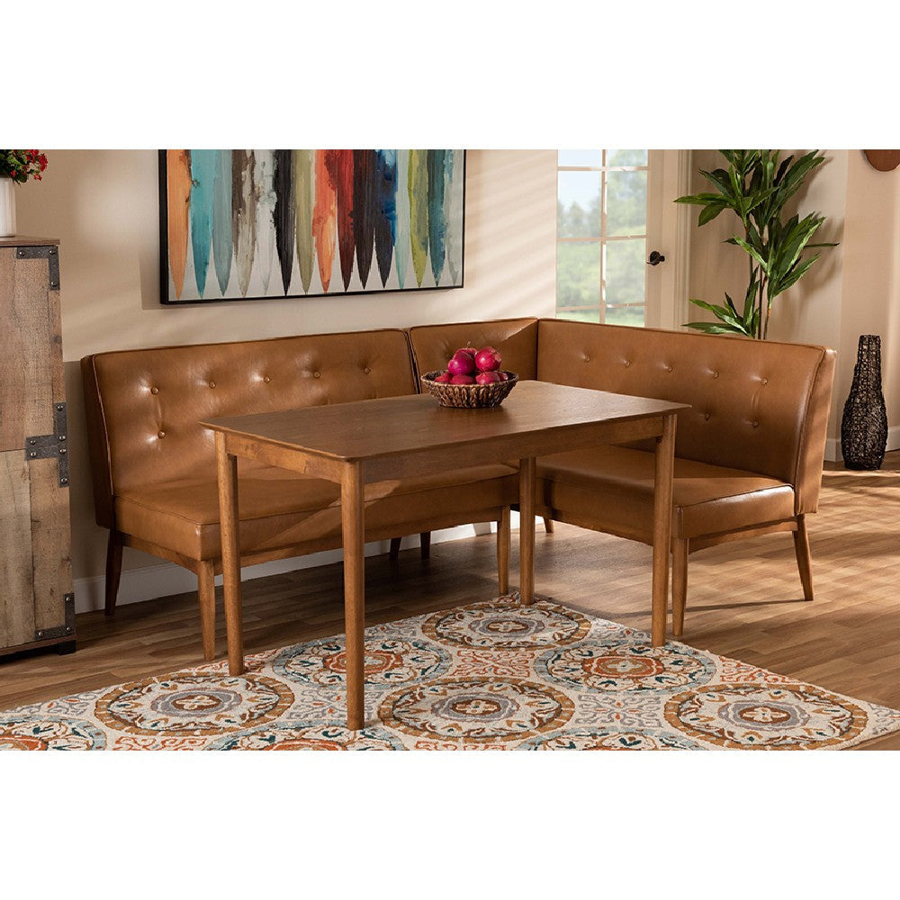 Baxton Studio Arvid Mid-Century Modern Tan Faux Leather Upholstered and Walnut Brown Finished Wood 3-Piece Dining Nook Set