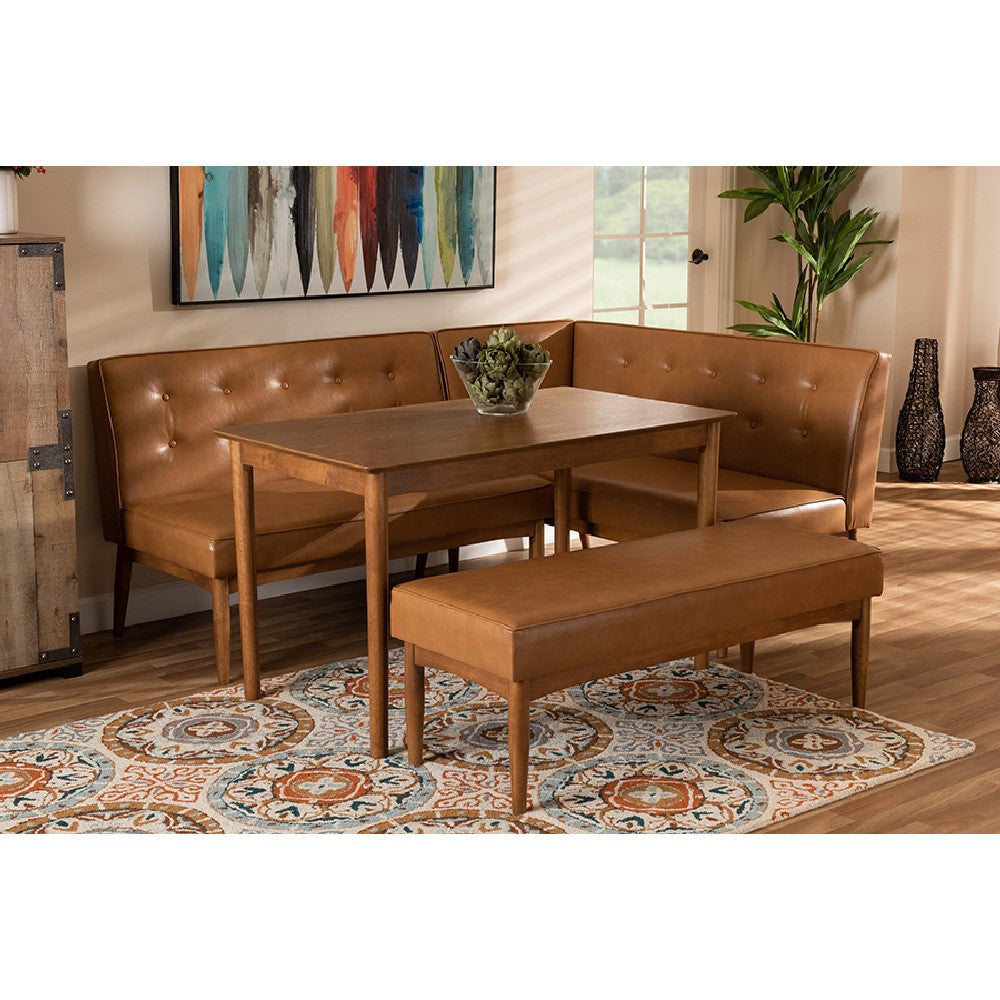 Baxton Studio Arvid Mid-Century Modern Tan Faux Leather Upholstered and Walnut Brown Finished Wood 4-Piece Dining Nook Set
