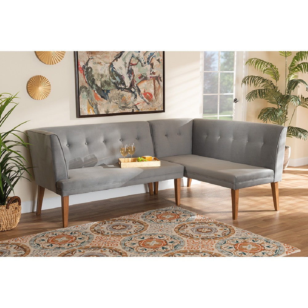 Baxton Studio Stewart Mid-Century Modern Grey Velvet Upholstered and Walnut Brown Finished Wood 2-Piece Dining Nook Banquette Set