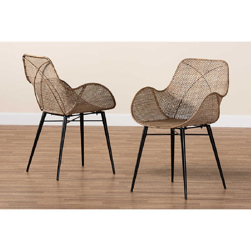 bali & pari Ballerina Modern Bohemian Greywashed Rattan and Black Metal 2-Piece Dining Chair Set