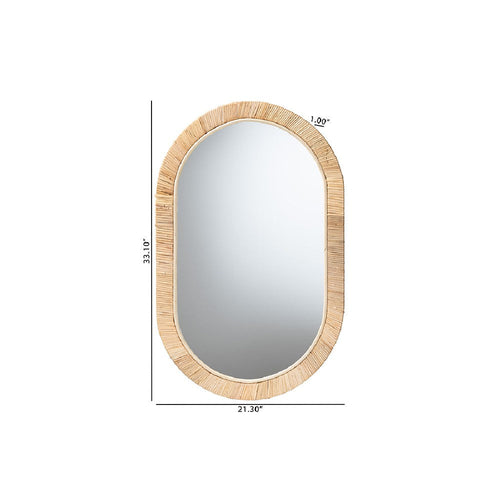 bali & pari Bella Modern Bohemian Natural Brown Mahogany Wood and Natural Rattan Oval Mirror