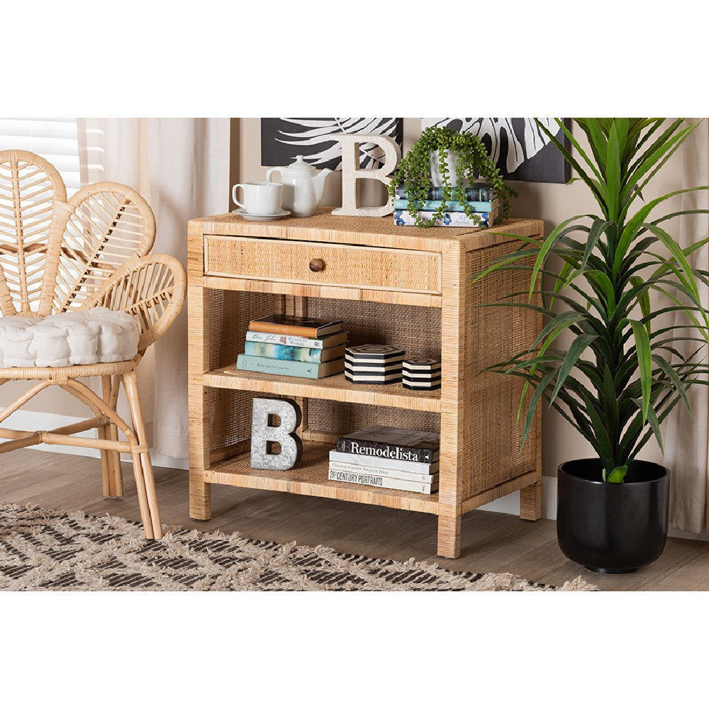 bali & pari Bella Modern Bohemian Natural Brown Mahogany Wood and Natural Rattan 1-Drawer Console Table WHI-Bella-Mahogany-Console