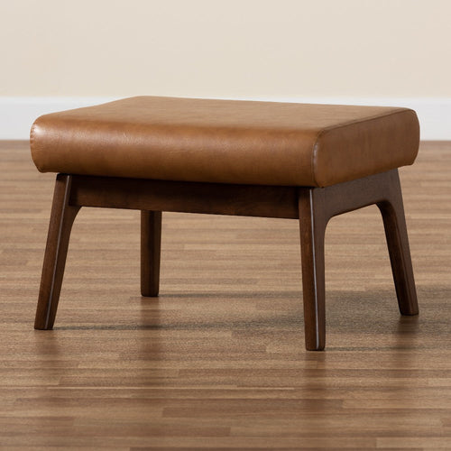 Baxton Studio Bianca Mid-Century Modern Walnut Brown Finished Wood and Tan Faux Leather Effect Ottoman