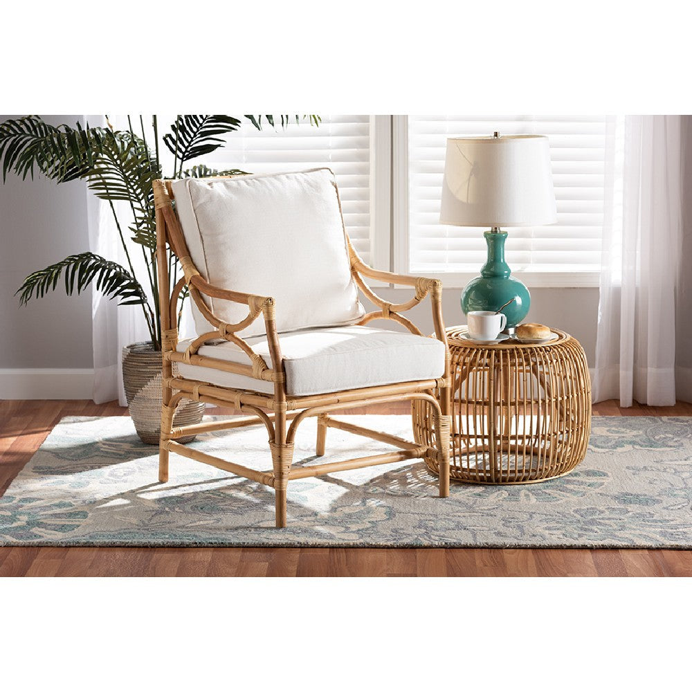 bali & pari Brandon Modern Bohemian White Fabric Upholstered and Natural Brown Rattan Armchair WHI-Brandon-Rattan-Armchair