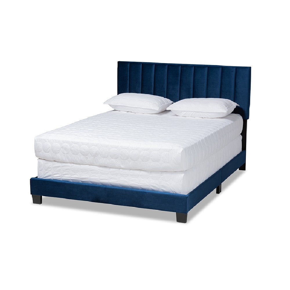 Baxton Studio Clare Glam and Luxe Navy Blue Velvet Fabric Upholstered Queen Size Panel Bed with Channel Tufted Headboard