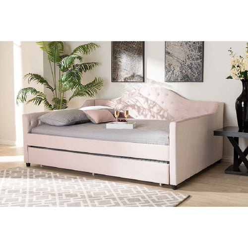 Baxton Studio Perry Modern and Contemporary Light Pink Velvet Fabric Upholstered and Button Tufted Full Size Daybed with Trundle