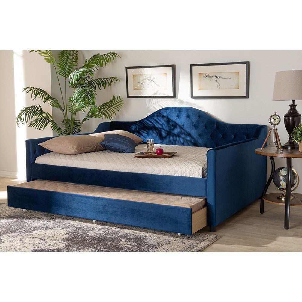 Baxton Studio Perry Modern and Contemporary Royal Blue Velvet Fabric Upholstered and Button Tufted Full Size Daybed with Trundle