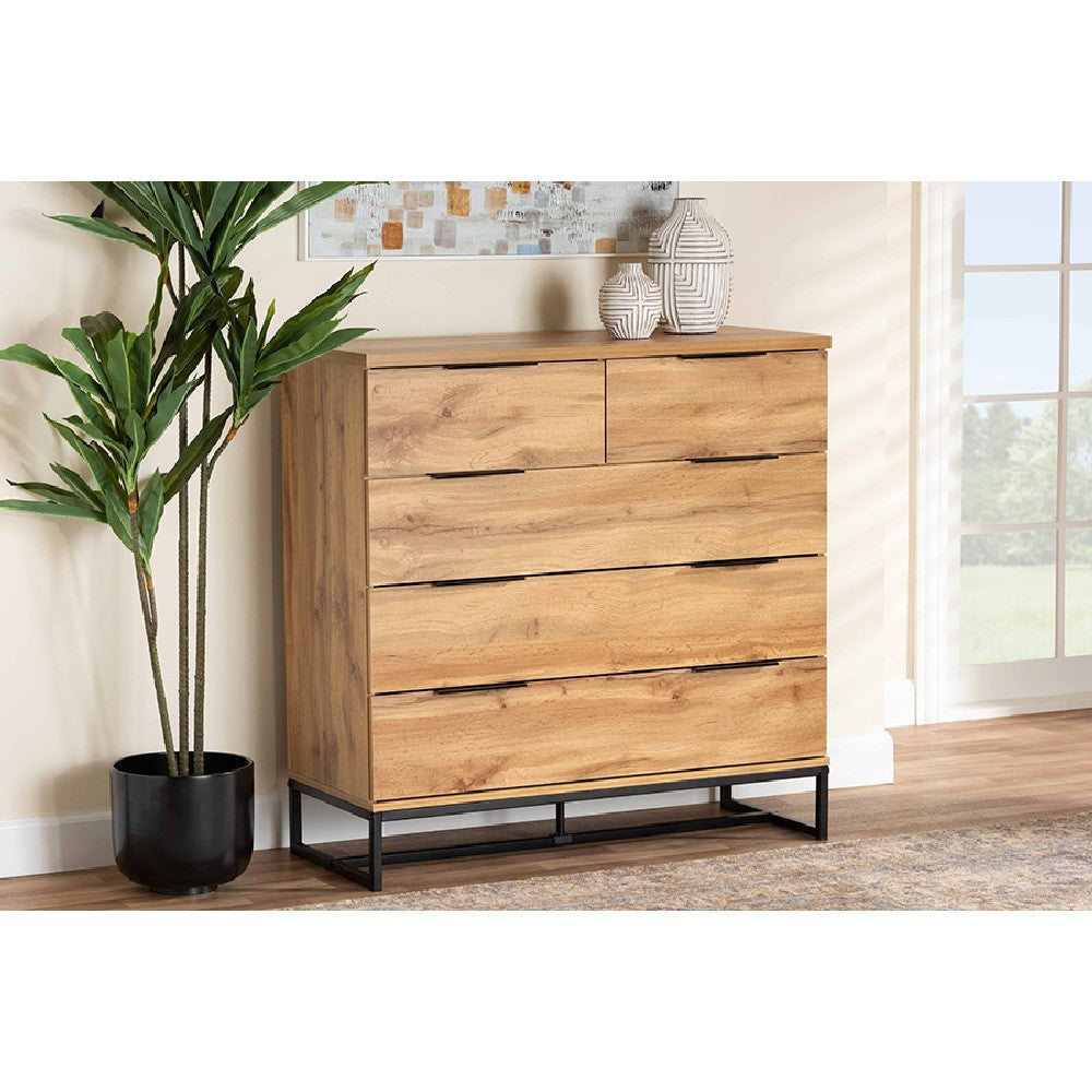 Baxton Studio Franklin Modern and Contemporary Oak Finished Wood and Black Finished Metal 5-Drawer Bedroom Chest WHI-CH8002-Oak-5DW-Chest