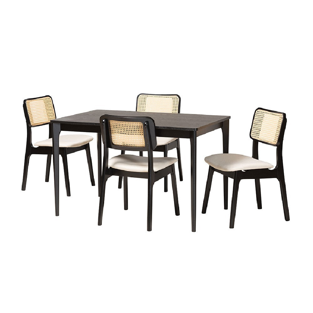 Baxton Studio Dannon Mid-Century Modern Cream Fabric and Black Finished Wood 5-Piece Dining Set WHI-CS001C-Black-Cream-5PC-Dining-Set