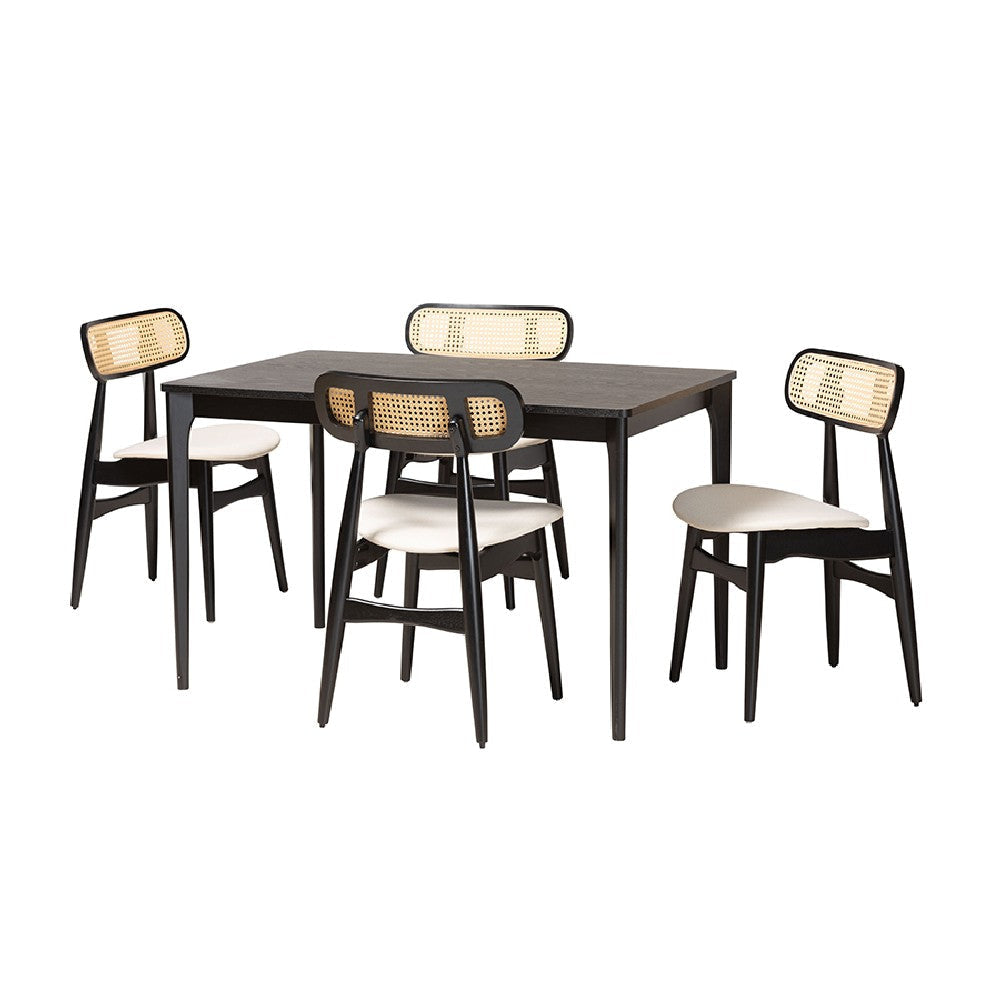 Baxton Studio Tarana Mid-Century Modern Cream Fabric and Black Finished Wood 5-Piece Dining Set WHI-CS002C-Black-Cream-5PC-Dining-Set