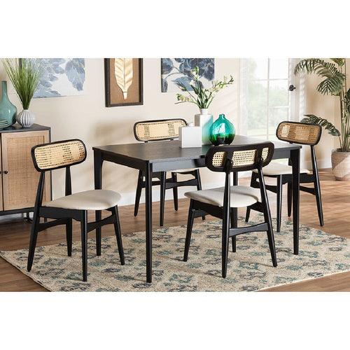 Baxton Studio Tarana Mid-Century Modern Cream Fabric and Black Finished Wood 5-Piece Dining Set