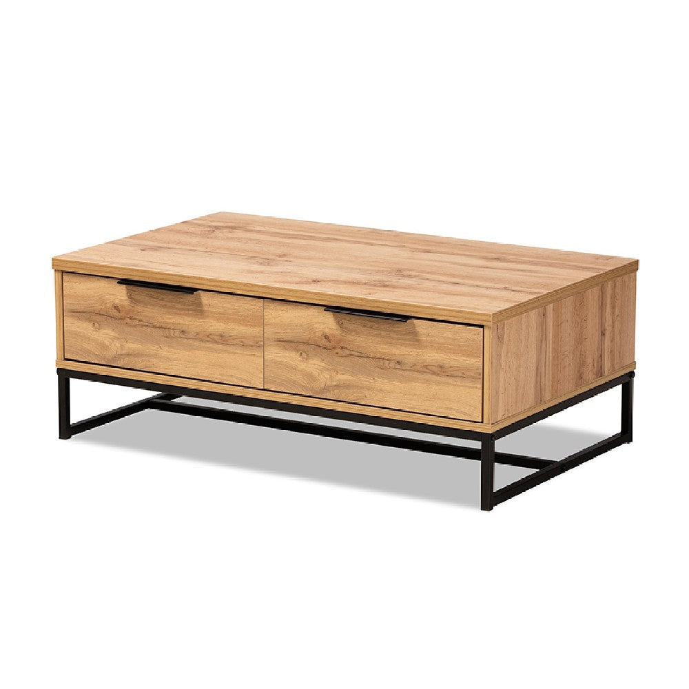 Baxton Studio Franklin Modern and Contemporary Oak Brown Finished Wood and Black Finished Metal 2-Drawer Coffee Table WHI-CT8007-Oak-CT