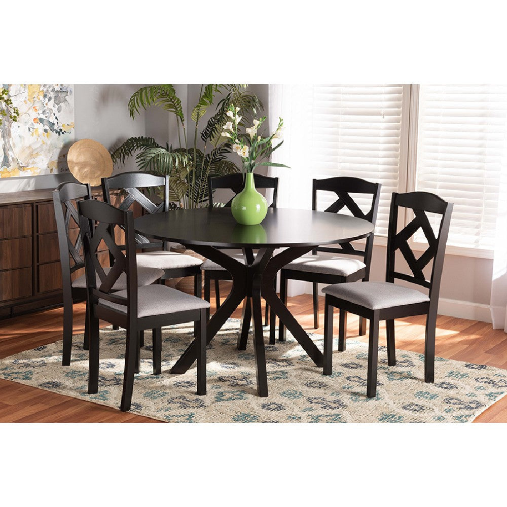 Baxton Studio Carlin Modern Transitional Grey Fabric Upholstered and Dark Brown Finished Wood 7-Piece Dining Set
